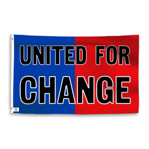 A dual-tone flag containing a political slogan, with a smooth royal blue and deep crimson texture. 