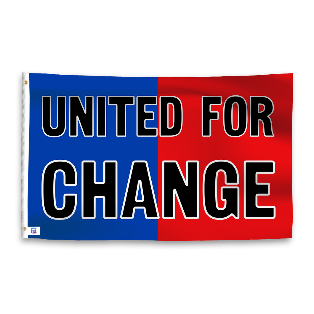 A dual-tone flag containing a political slogan, with a smooth royal blue and deep crimson texture. 