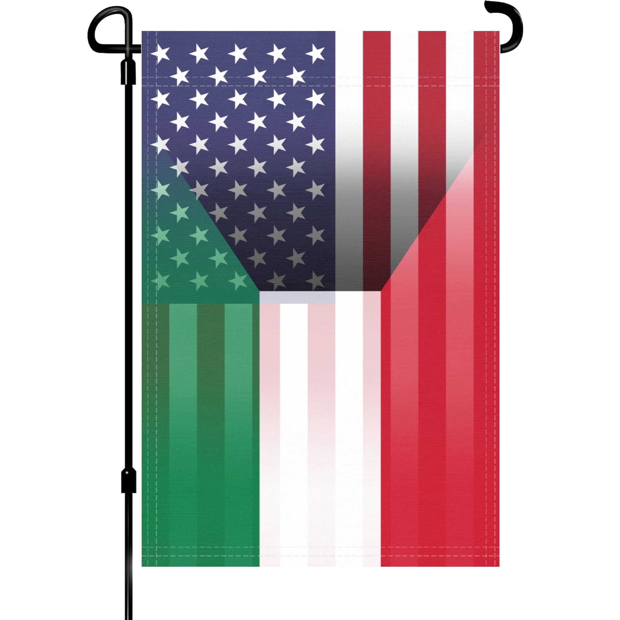 A garden flag on a pole with the Kuwaiti American flag design seamlessly blended with the American flag.