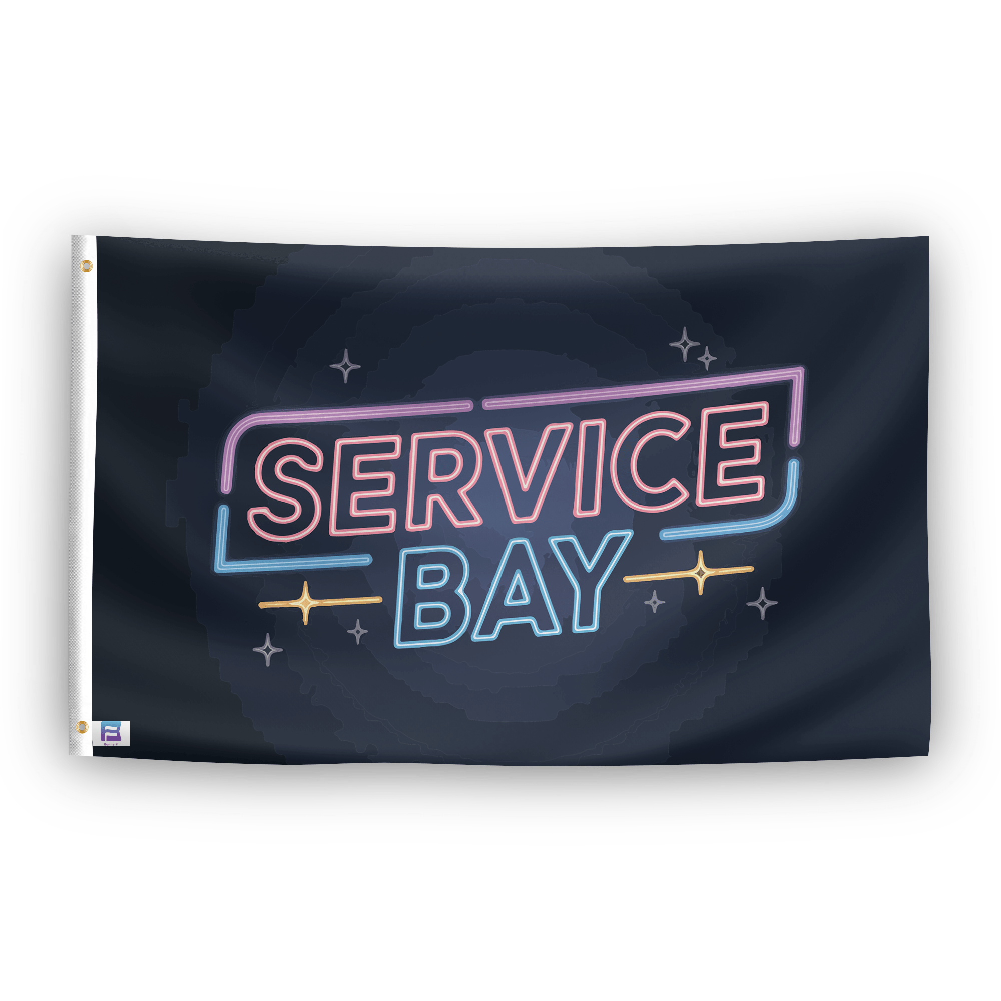 A flag with the saying "Service Bay", with a neon style color scheme.