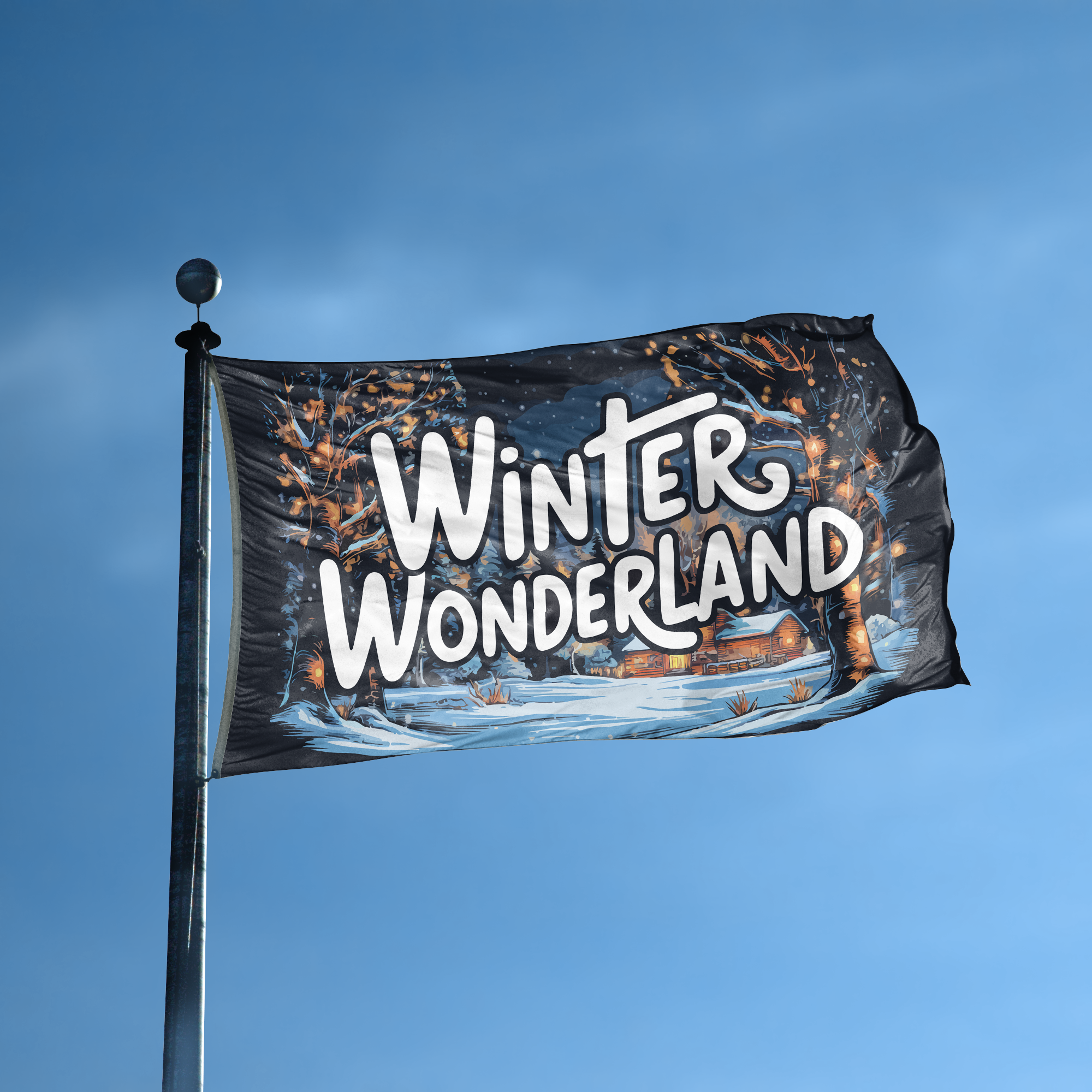 A flag with the saying "Winter Wonderland" displayed on a high pole, with a special occasion color scheme.