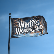 Load image into Gallery viewer, A flag with the saying &quot;Winter Wonderland&quot; displayed on a high pole, with a special occasion color scheme.
