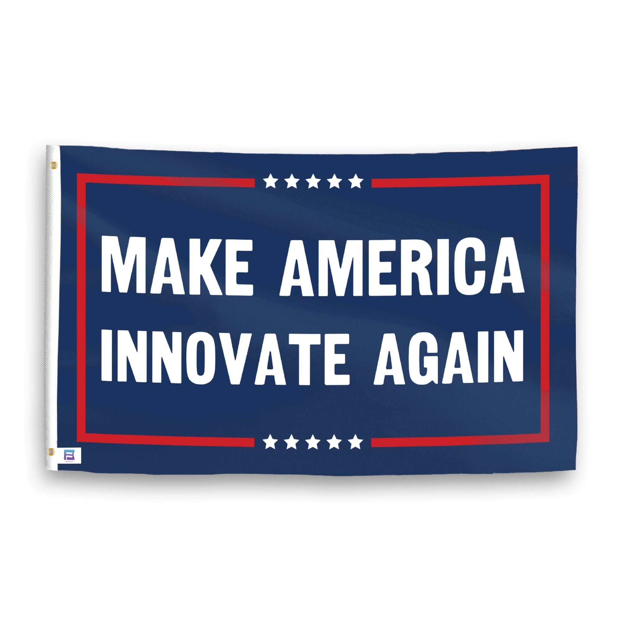 A political flag with the saying "https://www.dropbox.com/scl/fi/i5l9qygoa62ezekpcsvwg/make-america-innovate-again_ripple.png?rlkey=7iwo91sgrtuehxo6r7sfxcqj7&raw=1", with a red, white, and blue color scheme.