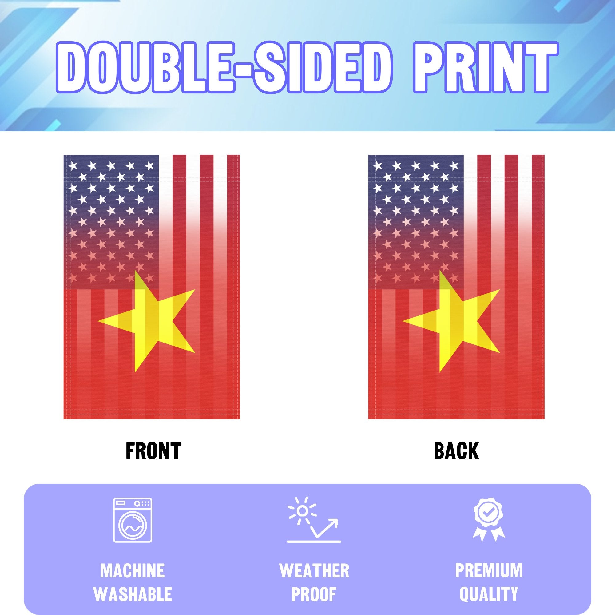 An infographic showing the double sided and high quality characteristics of the Vietnamese American American hybrid garden flag.