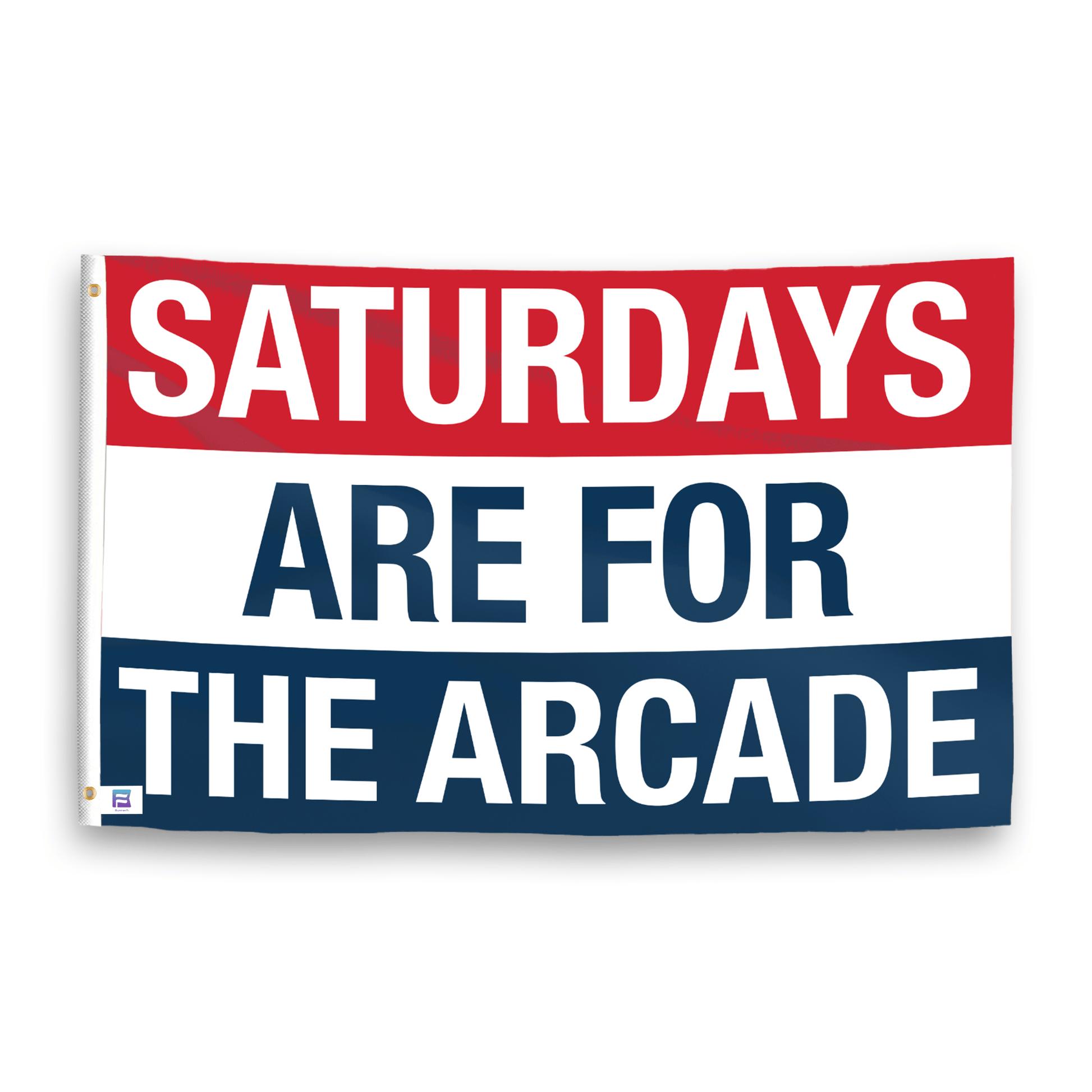 A flag with the saying "https://www.dropbox.com/scl/fi/0kzdzumucvno88xkqu71p/saturdays-are-for-the-arcade_ripple.png?rlkey=d7zd4quq62ndqf4e9ypg4cbz6&raw=1", with a red, white, and blue color scheme.