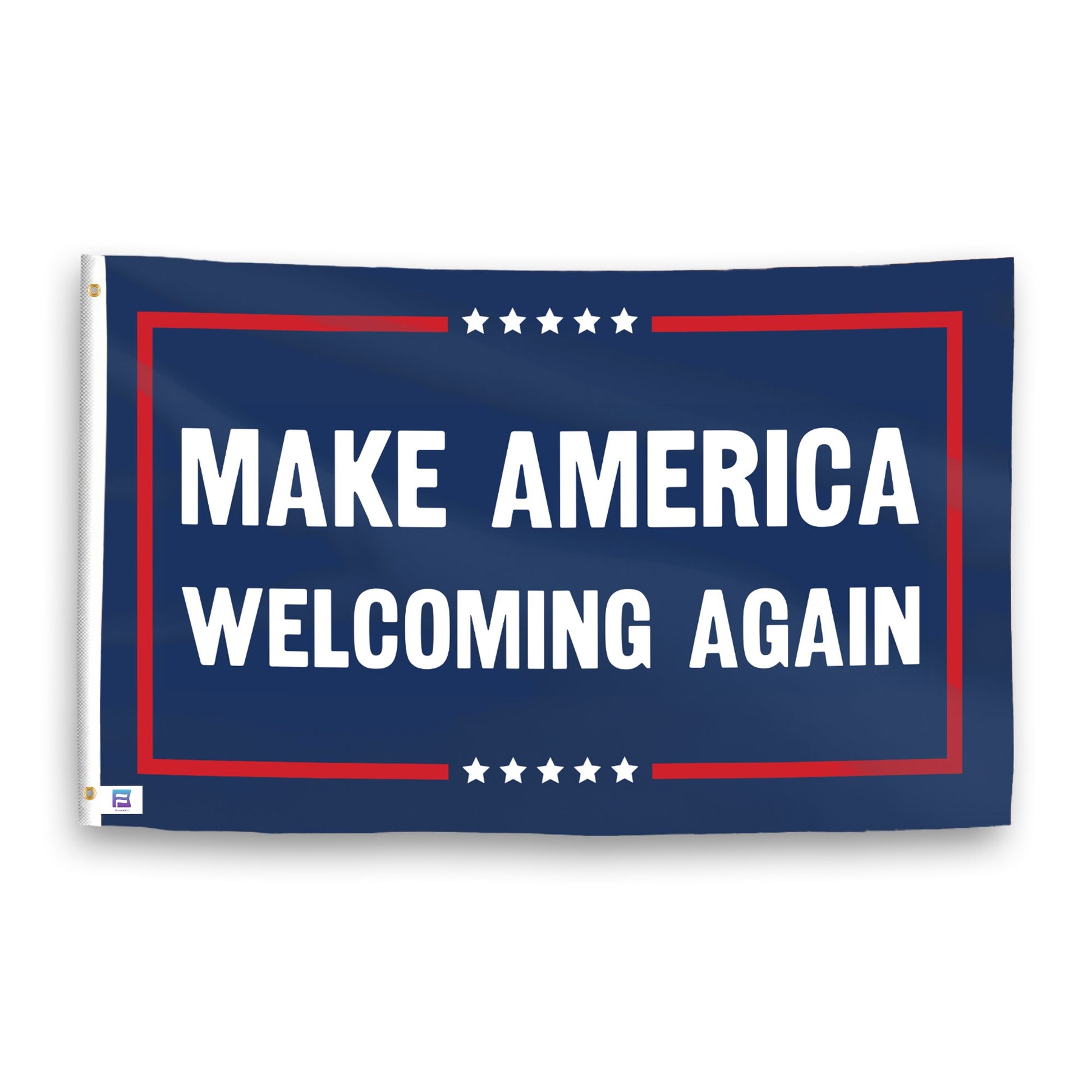 A political flag with the saying "https://www.dropbox.com/scl/fi/zh18ytmgkzum60onuuw0y/make-america-welcoming-again_ripple.png?rlkey=xqevn1030hwswnmgz3i4faqwt&raw=1", with a red, white, and blue color scheme.