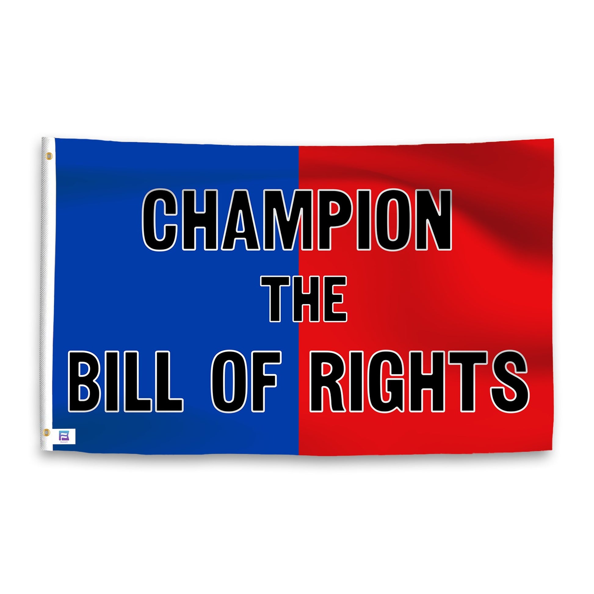 A dual-tone flag containing a political slogan, with a smooth royal blue and deep crimson texture. 