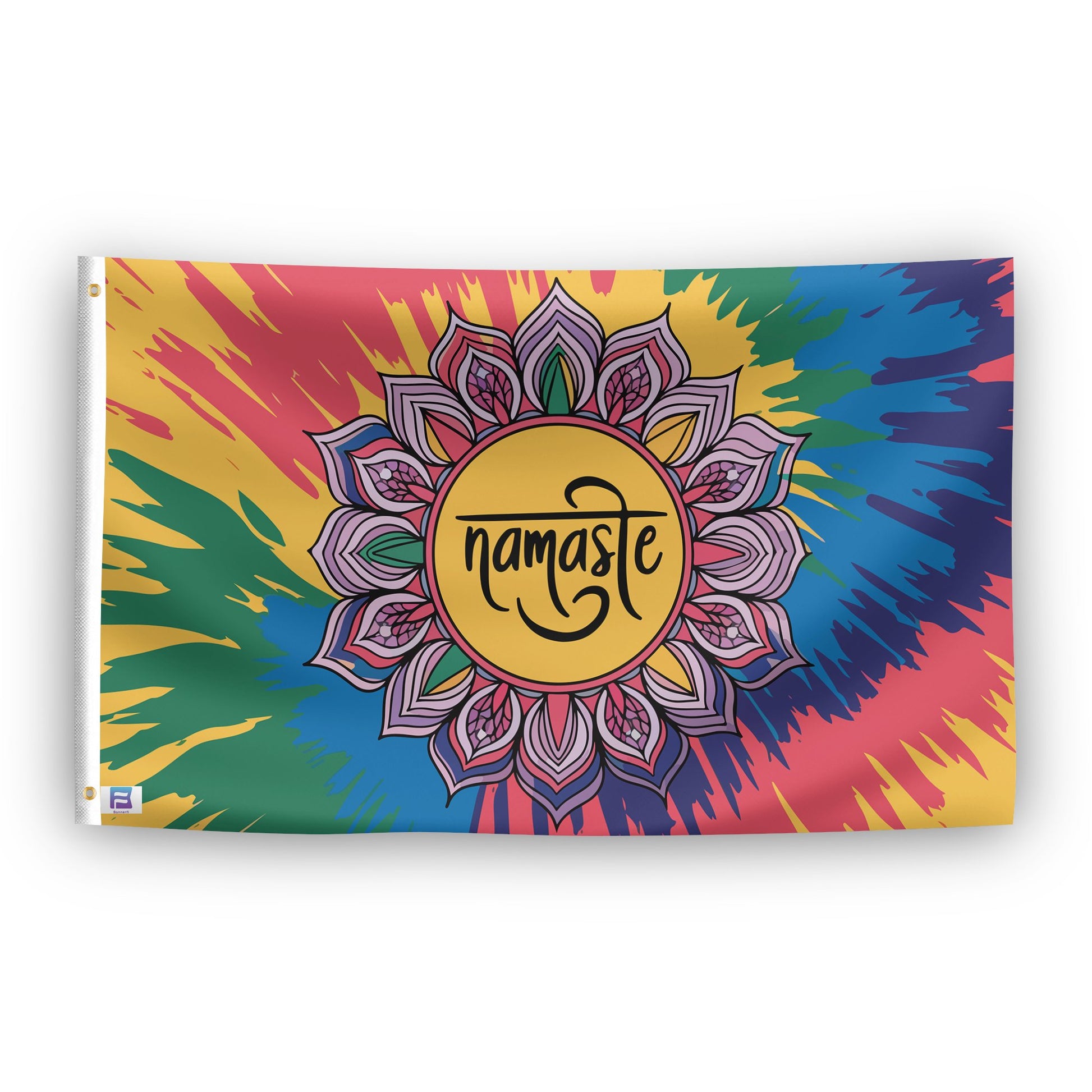 A flag with the saying "Namaste", with a tie dye style color scheme.