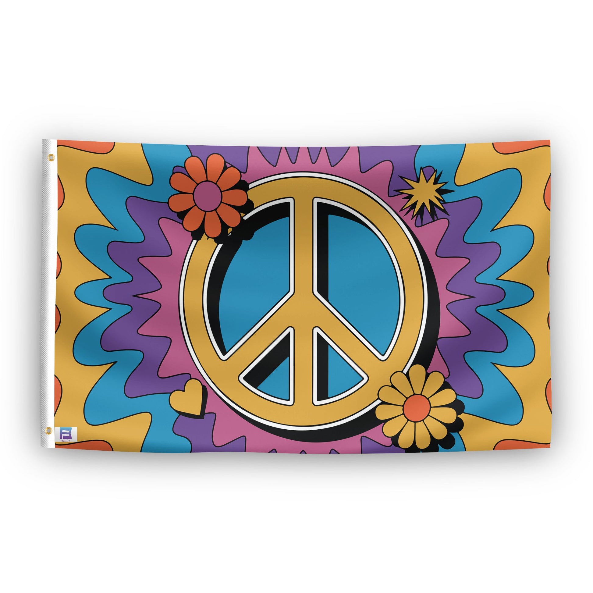 A flag with the saying "Peace Sign", with a tie dye style color scheme.