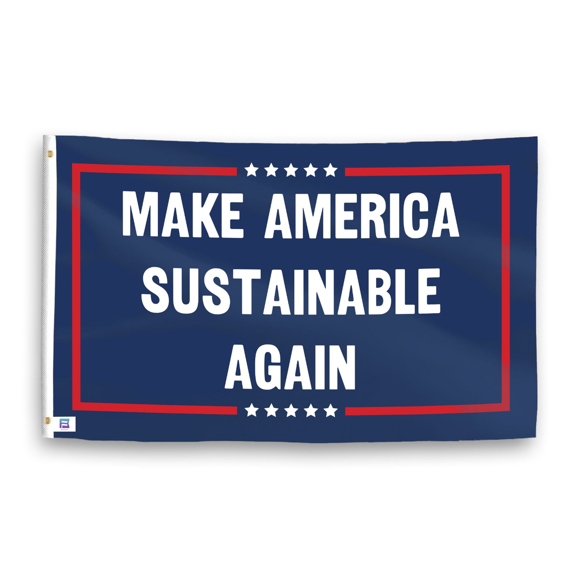 A political flag with the saying "https://www.dropbox.com/scl/fi/4biap4q2k8rfknbdpb4gv/make-america-sustainable-again_ripple.png?rlkey=vvfzz90mesfqdqz5s4imltxzy&raw=1", with a red, white, and blue color scheme.