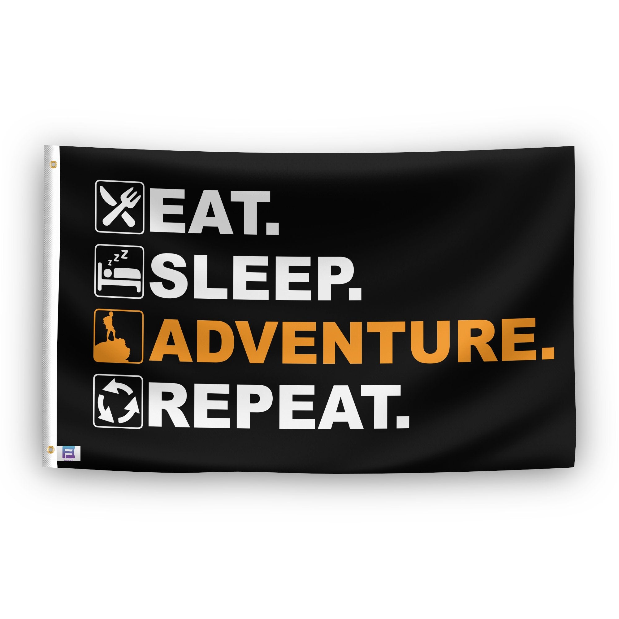 A flag with the saying "Eat Sleep Adventure Repeat", with a black, white and themed color scheme.