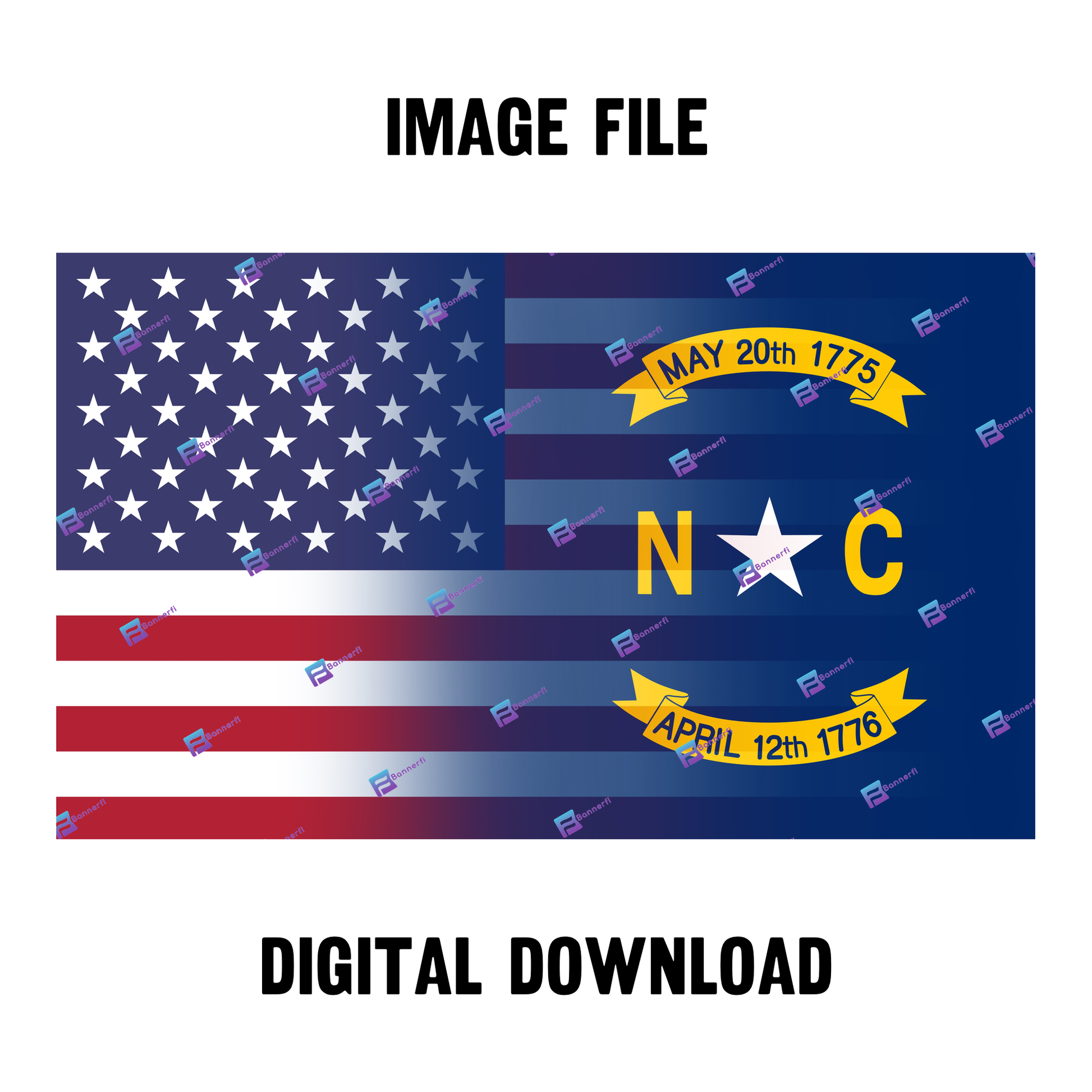 Digital download of a blended US and North Carolina flag, merging American stars & stripes with North Carolina’s colors. 