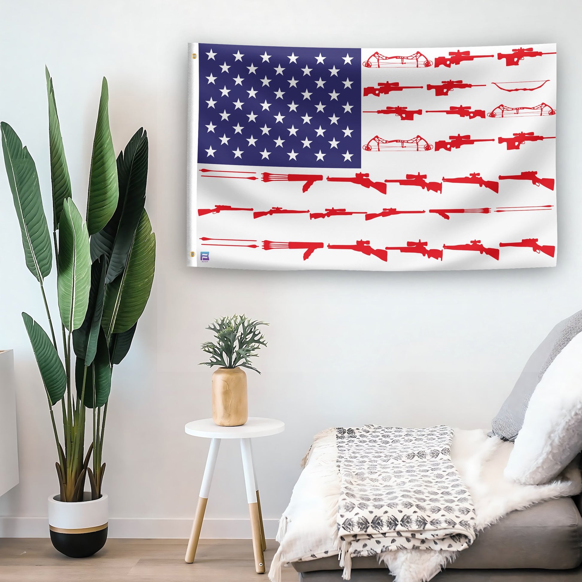 In a home setting, an american flag with the theme "Hunting Gear Stripes American" is mounted on a white wall by a side table.