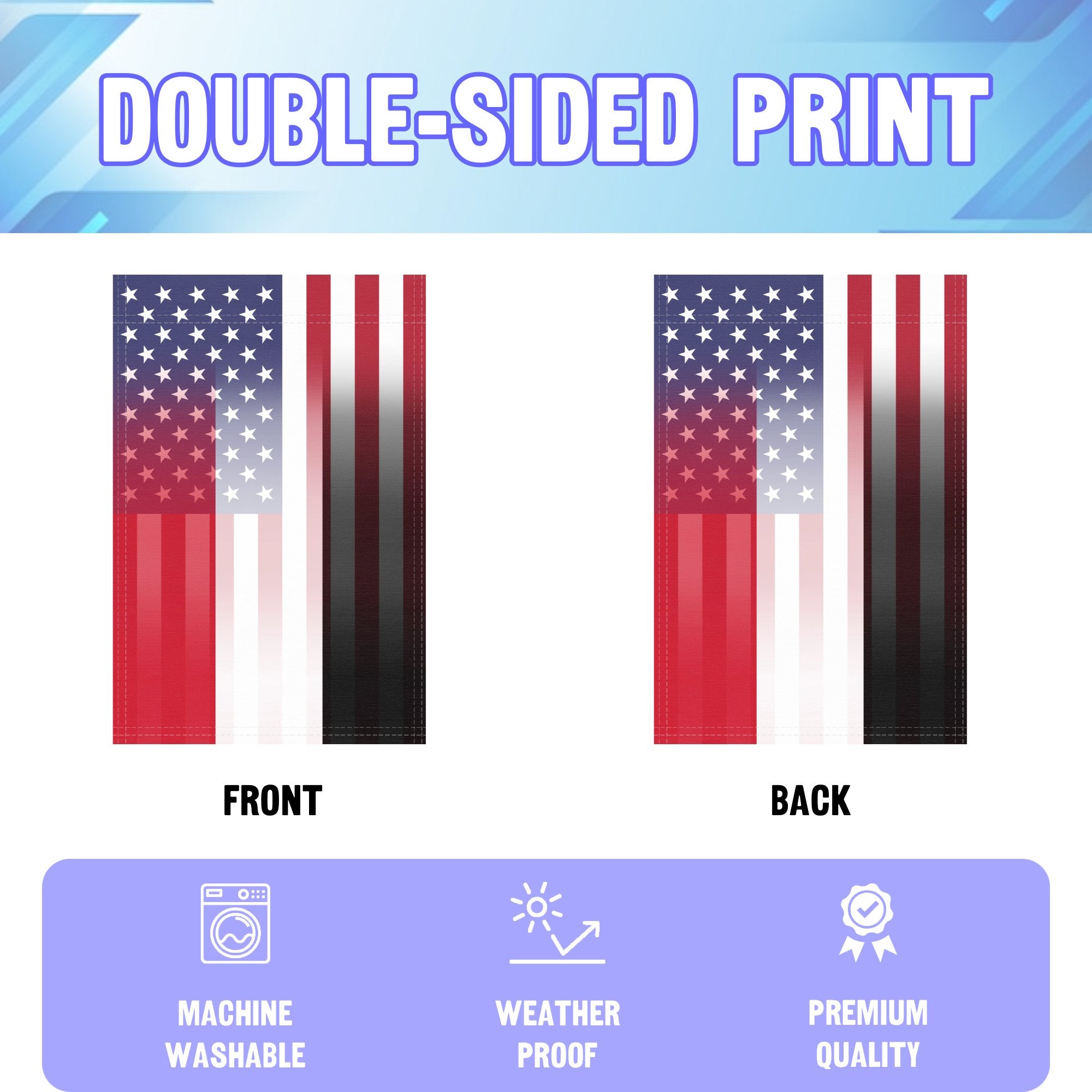 An infographic showing the double sided and high quality characteristics of the Yemeni American American hybrid garden flag.