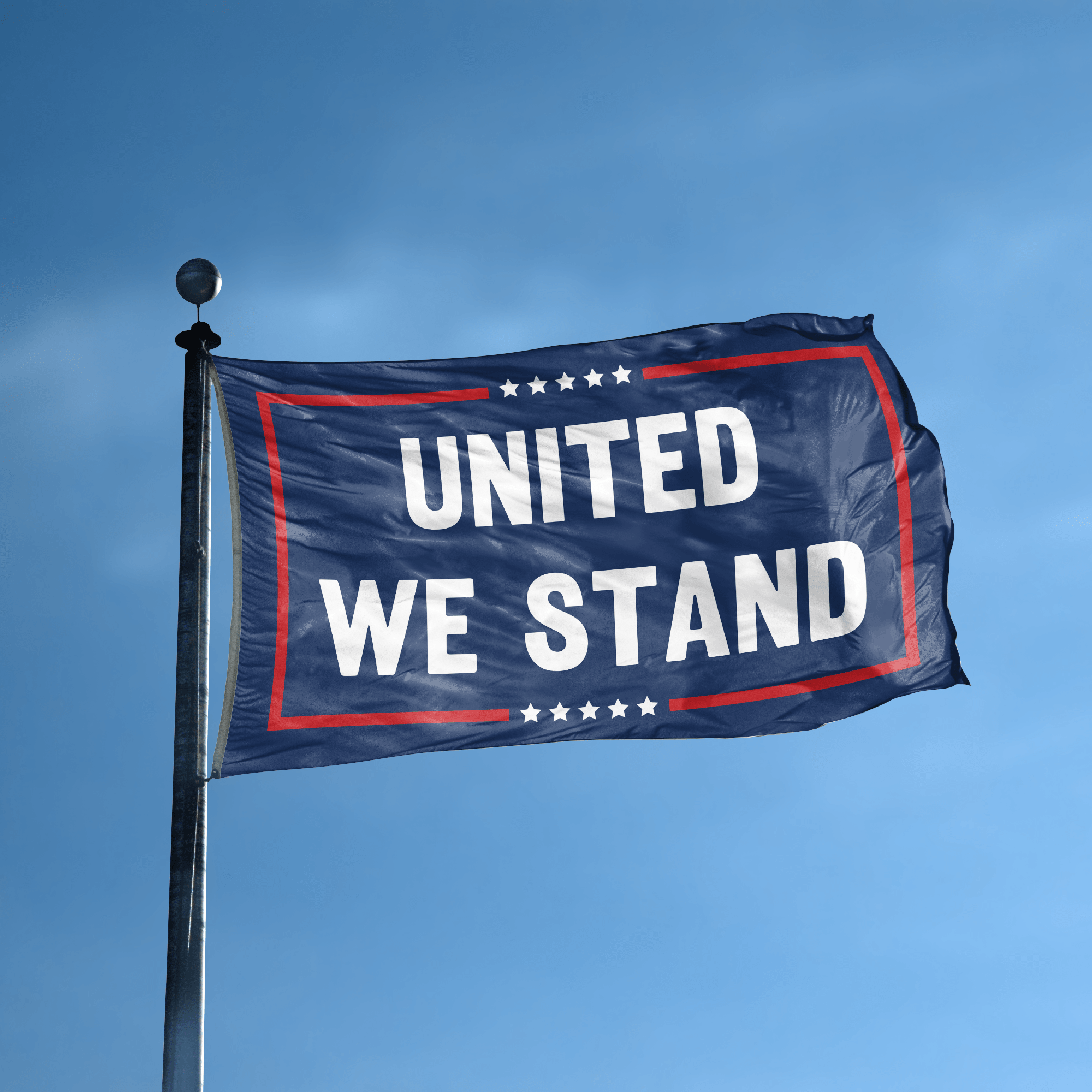 A flag with the saying "United We Stand Political" displayed on a high pole, with a red, white, and blue color scheme.