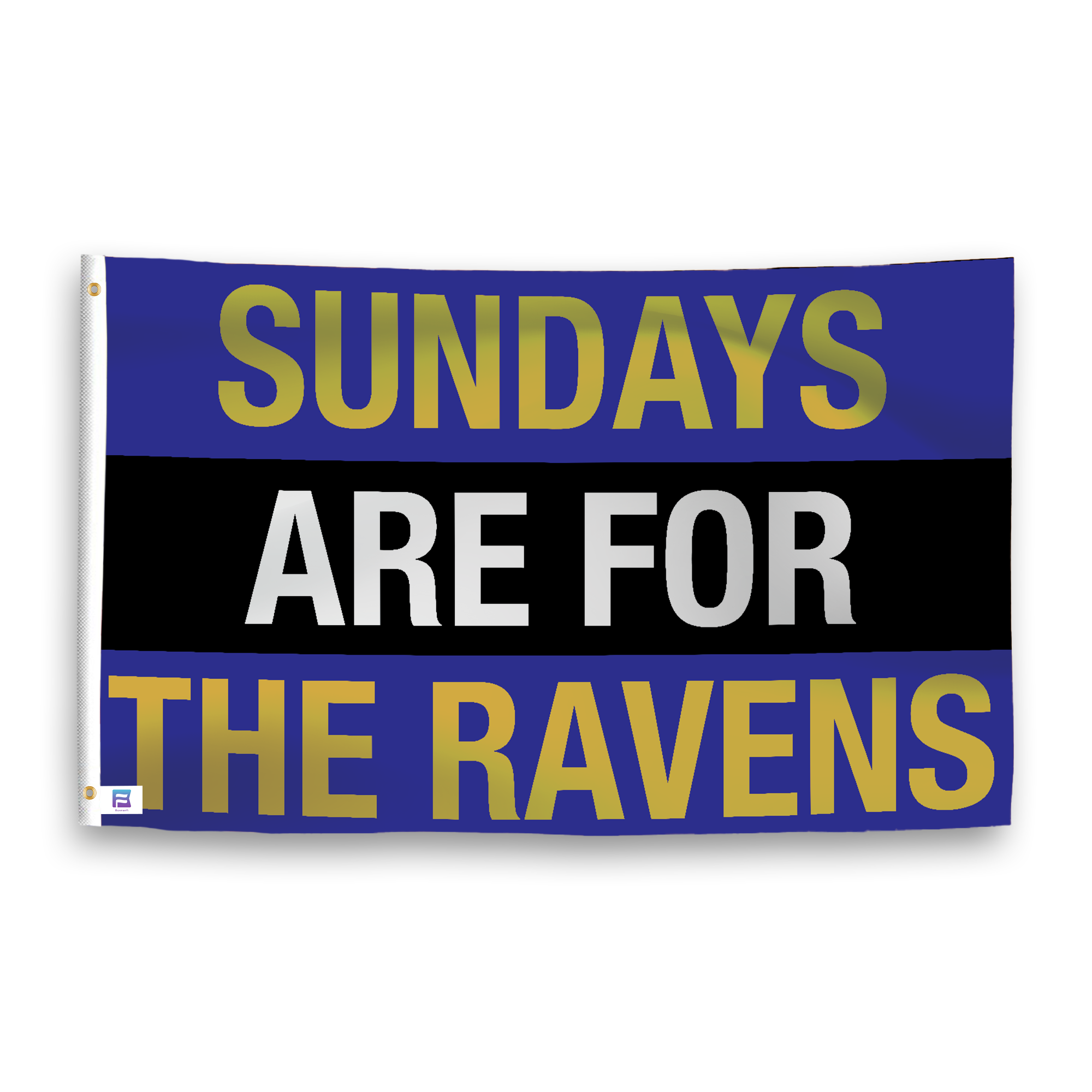 A flag with the saying "https://www.dropbox.com/scl/fi/oenkr6ua7g9f1sozs2c9h/sundays-are-for-the-ravens_ripple.png?rlkey=fxpa9dyacud7vv83lgytokzrn&raw=1", with the sports team color scheme.