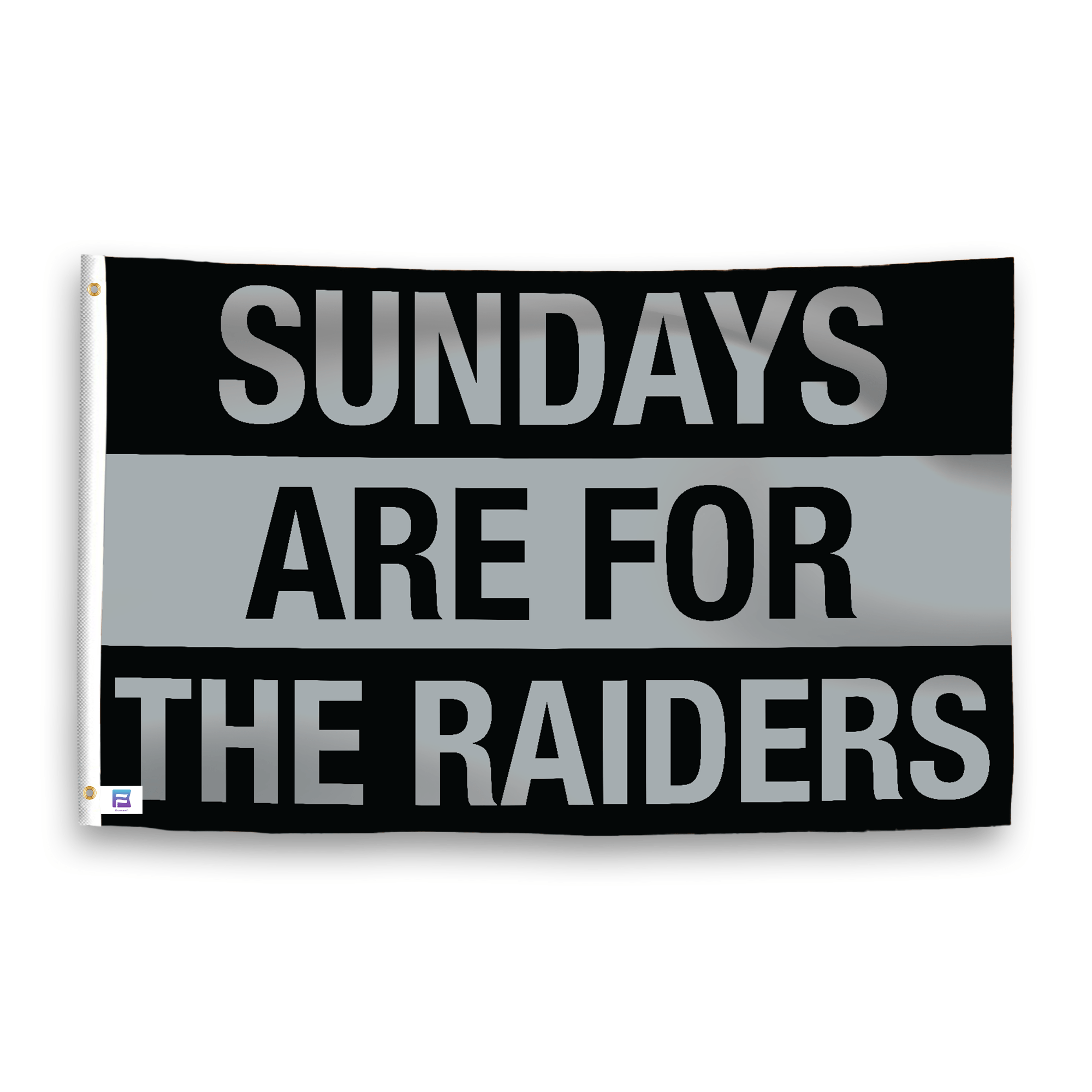 A flag with the saying "https://www.dropbox.com/scl/fi/hnq11a55dcotcq3q1wpxm/sundays-are-for-the-raiders_ripple.png?rlkey=0s0oyhu26lvy7ybqgtynpaa0n&raw=1", with the sports team color scheme.