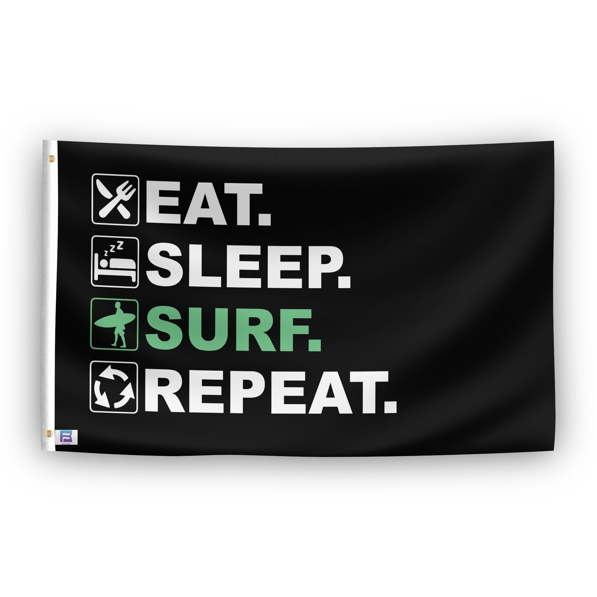 A flag with the saying "Eat Sleep Surf Repeat", with a black, white and themed color scheme.