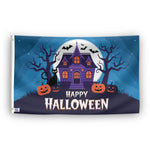 Happy Halloween Flag, Bannerfi house flag featuring purple haunted house, orange pumpkins and bats