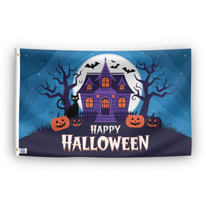 A Halloween-themed flag with a illustration of a spooky house, pumpkins, and bats against a night sky background, with the text 'Happy Halloween'.