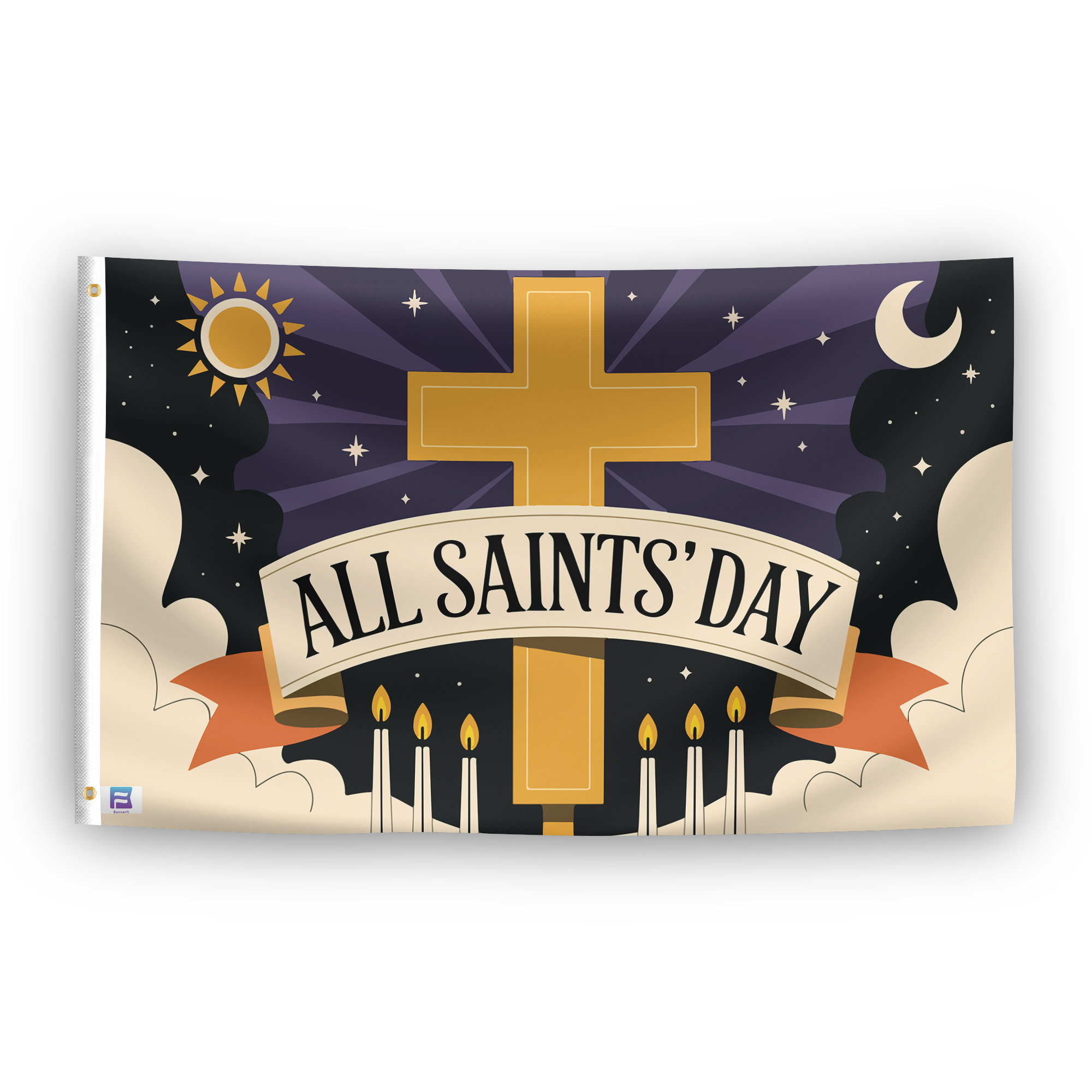 A flag with the saying "All Saints' Day", with a holiday themed color scheme.