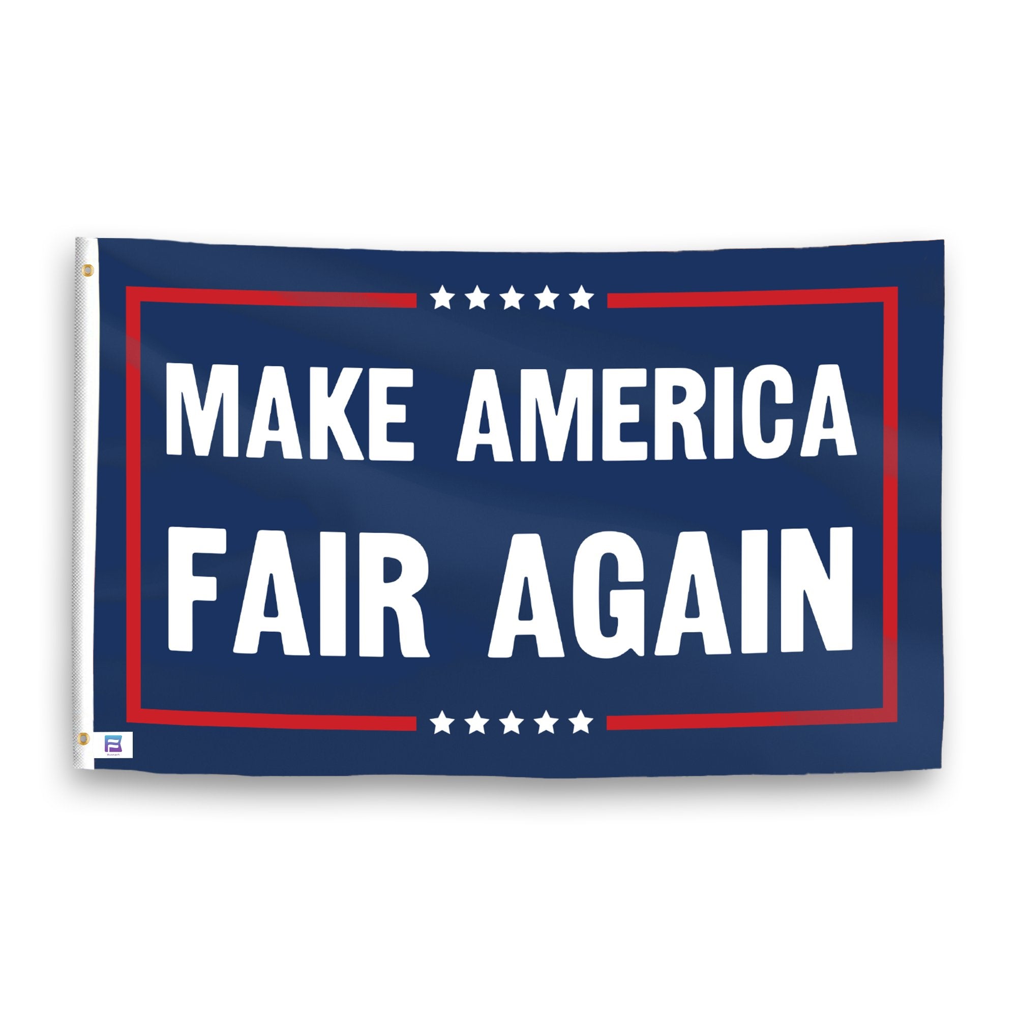 A political flag with the saying "https://www.dropbox.com/scl/fi/a838klv7fy9dir2fhdw8q/make-america-fair-again_ripple.png?rlkey=q7bum4dy0nzqwsdwnixz978pc&raw=1", with a red, white, and blue color scheme.