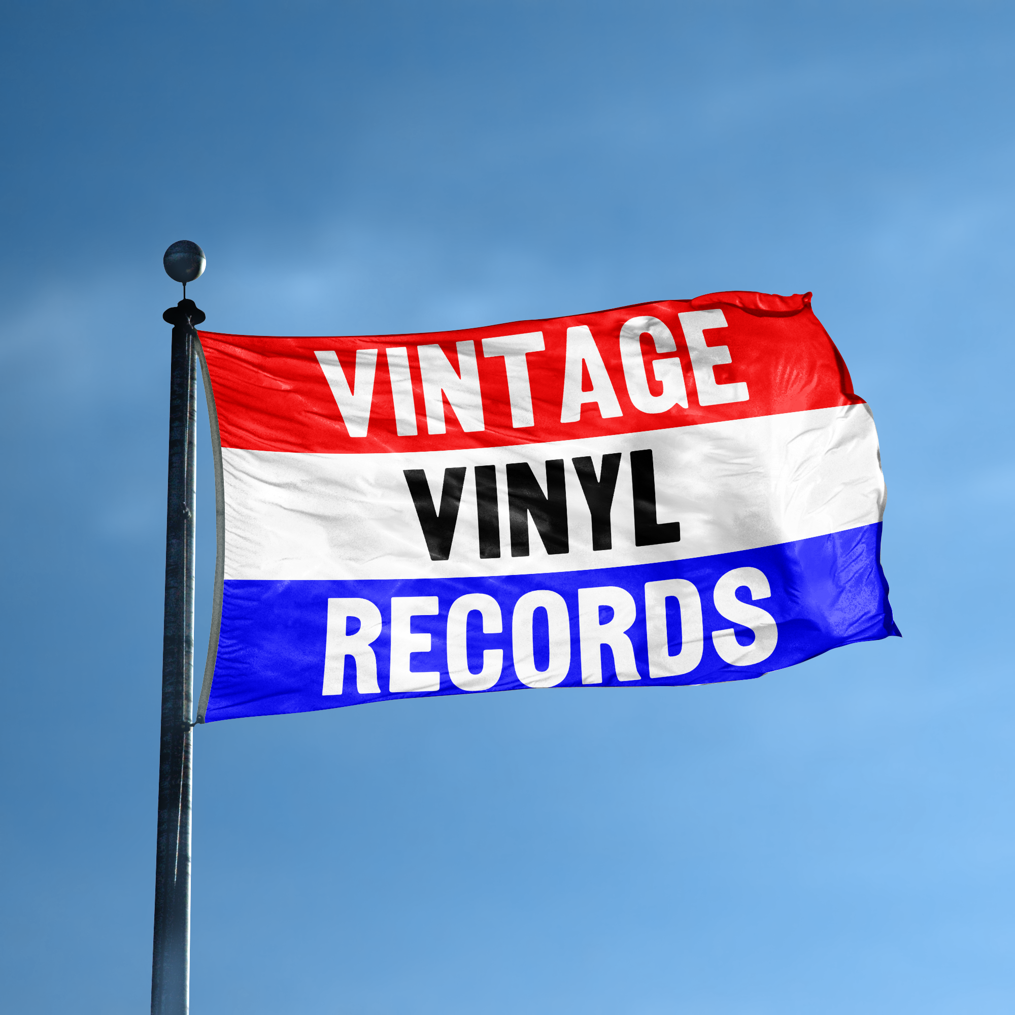 A business banner with the saying "Vintage Vinyl Records" displayed on a high pole, with a red, white, and blue color scheme.