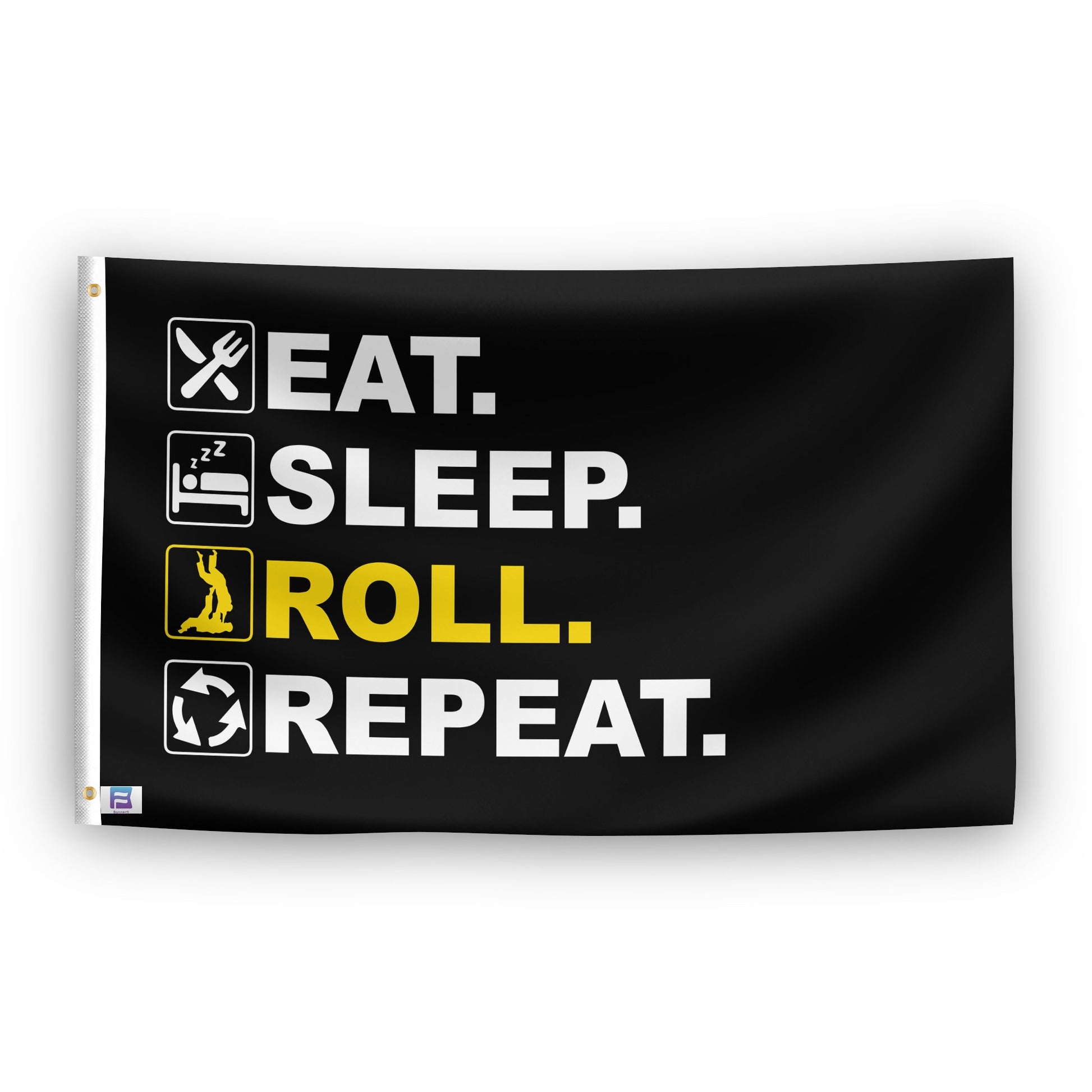 A flag with the saying "Eat Sleep Roll Repeat Jiujitsu", with a black, white and themed color scheme.