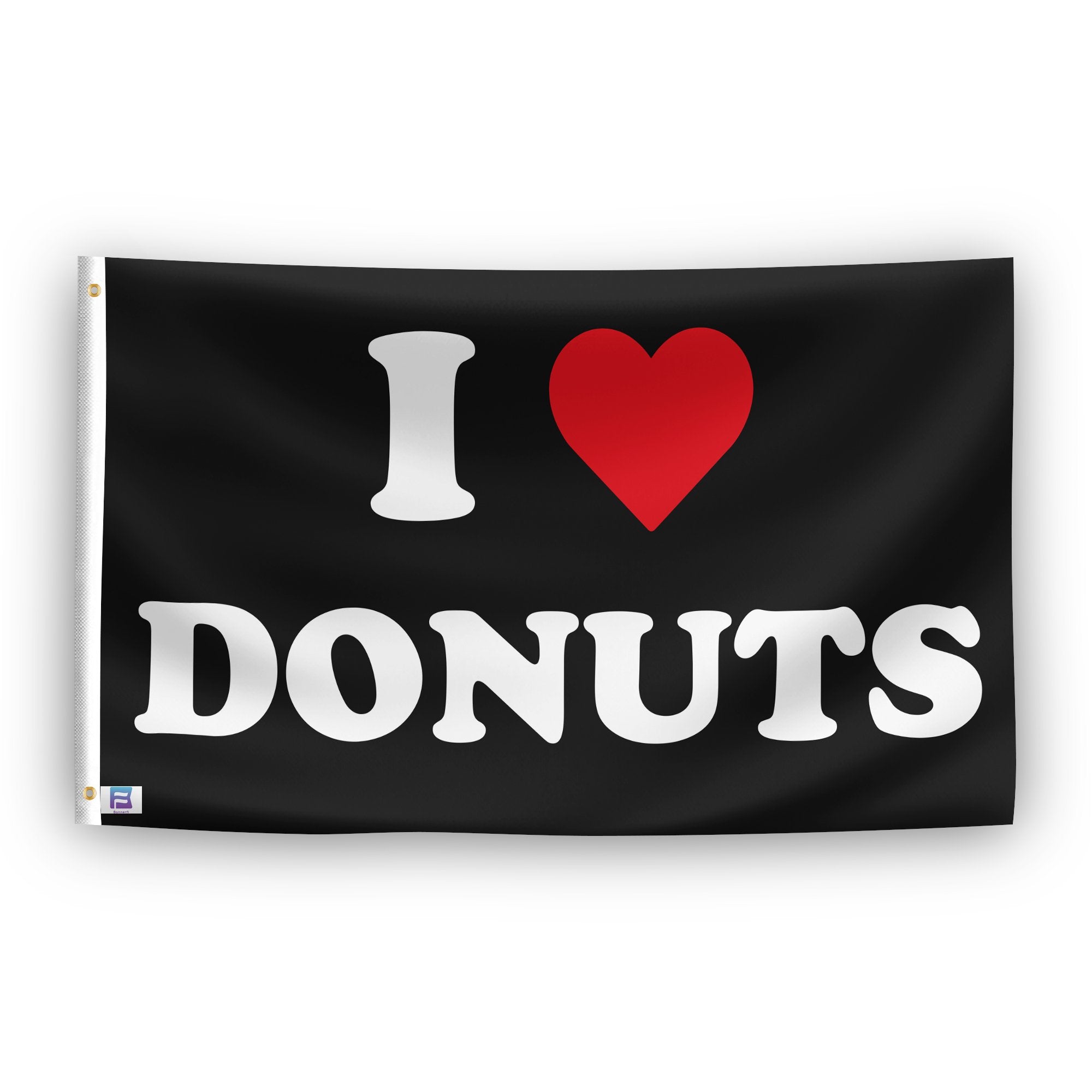 A flag with the saying "I Love Donuts", with a black, white and red color scheme.