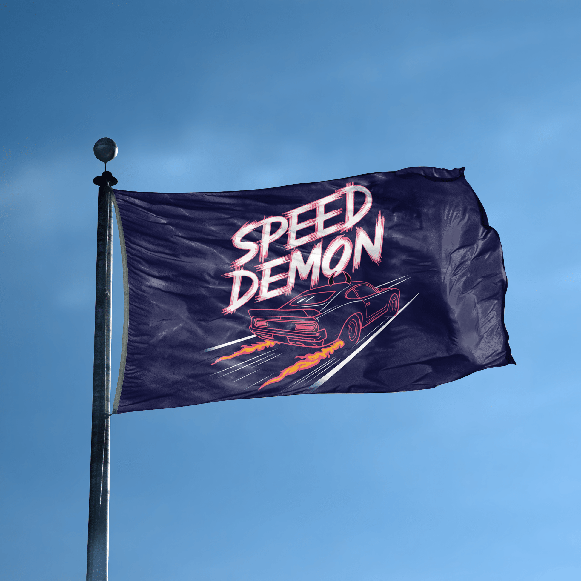 A flag with the saying "Speed Demon" displayed on a high pole, with a neon style color scheme.