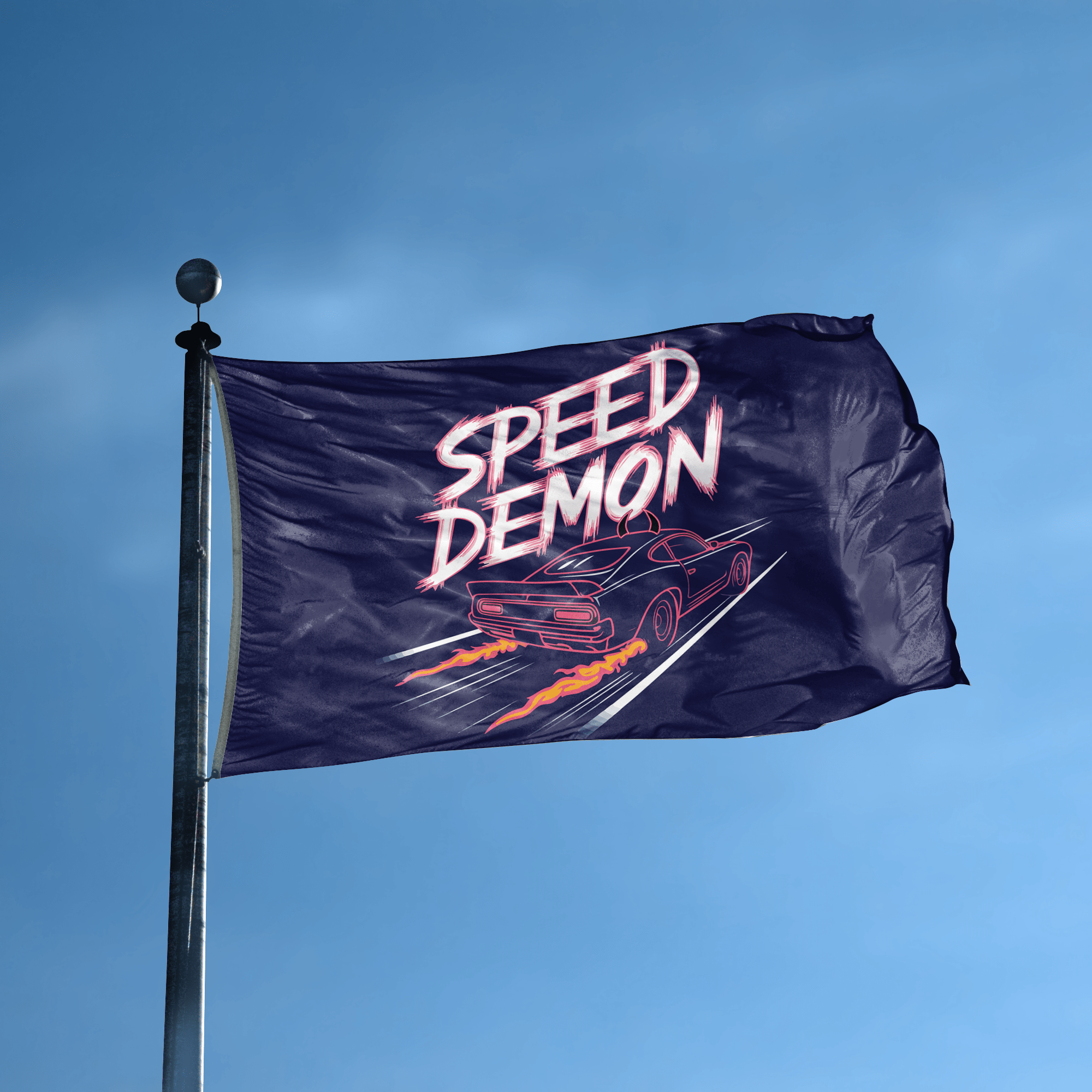 A flag with the saying "Speed Demon" displayed on a high pole, with a neon style color scheme.