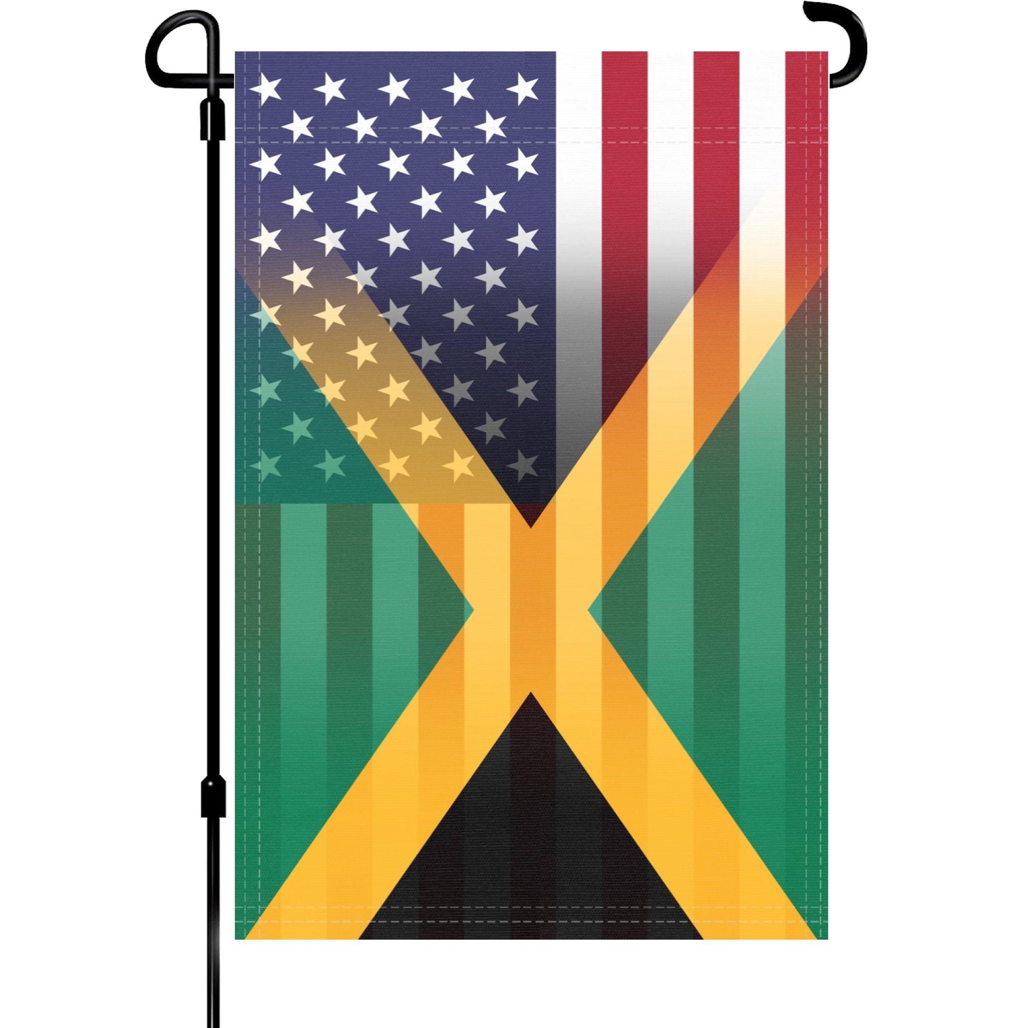A garden flag on a pole with the Jamaican American flag design seamlessly blended with the American flag.