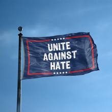 Load image into Gallery viewer, A flag with the saying &quot;Unite Against Hate Political&quot; displayed on a high pole, with a red, white, and blue color scheme.
