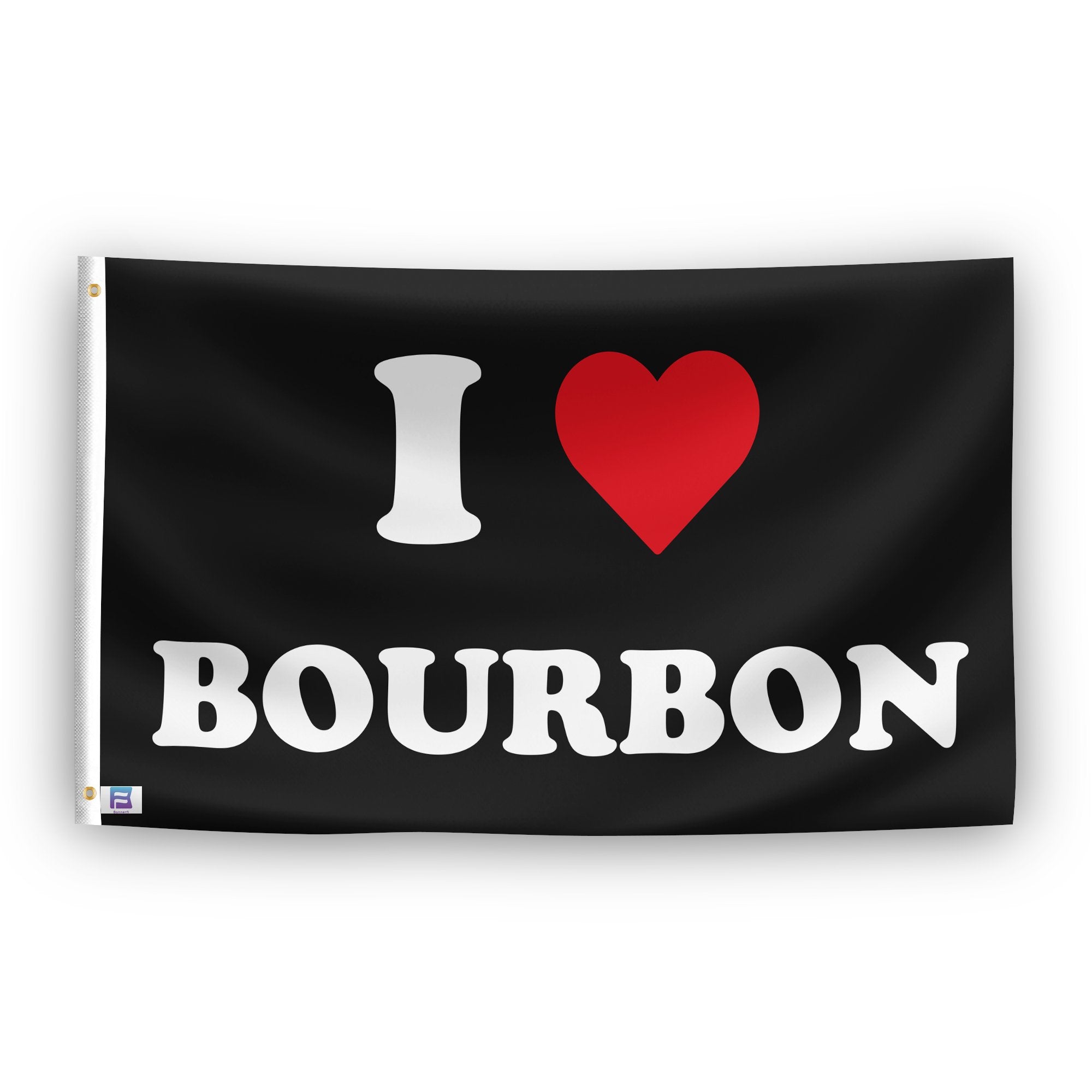 A flag with the saying "I Love Bourbon", with a black, white and red color scheme.