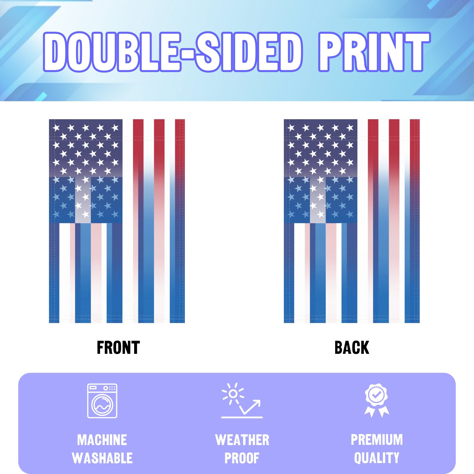 An infographic showing the double sided and high quality characteristics of the Greek American American hybrid garden flag.