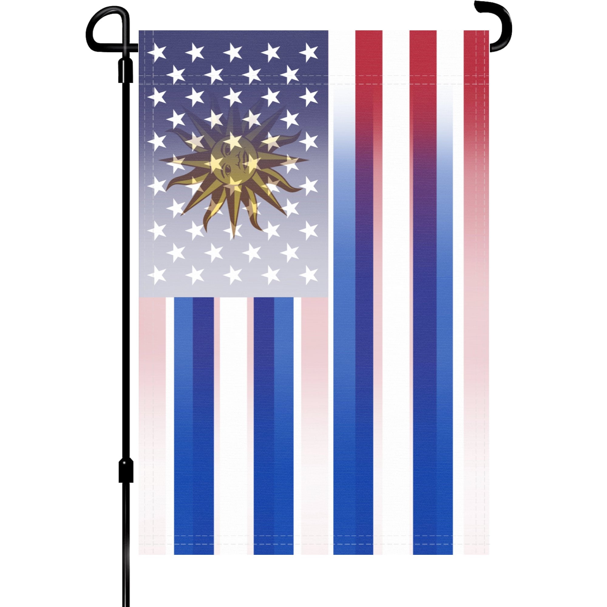 A garden flag on a pole with the Uruguayan American flag design seamlessly blended with the American flag.