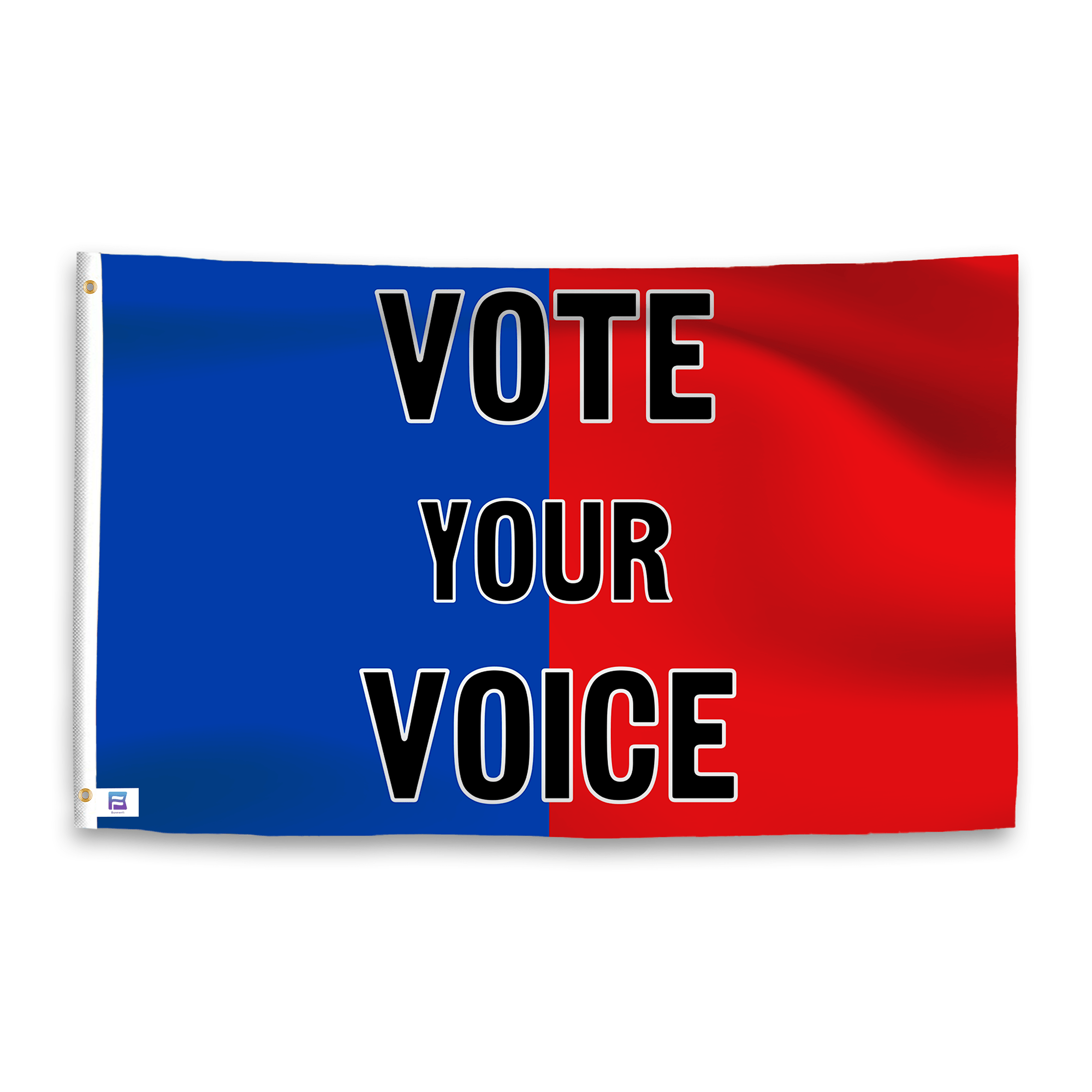 A dual-tone flag containing a political slogan, with a smooth royal blue and deep crimson texture. 