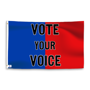 A dual-tone flag containing a political slogan, with a smooth royal blue and deep crimson texture. 