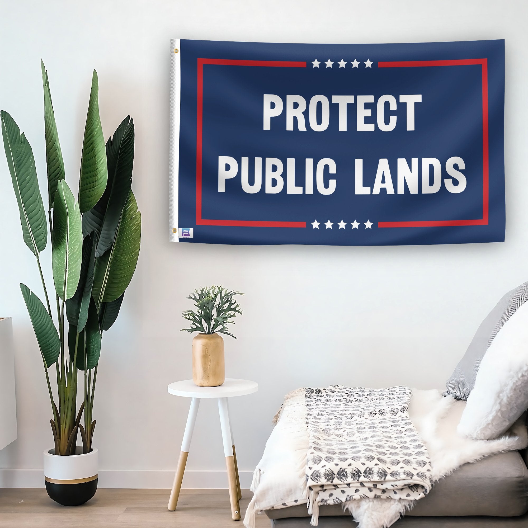 In a home setting, a flag with the saying "Protect Public Lands Political" is mounted on a white wall by a side table.