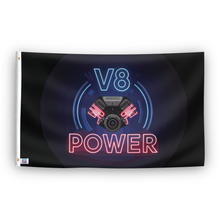 Load image into Gallery viewer, A flag with the saying &quot;V8 Power&quot;, with a neon style color scheme.
