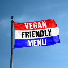 Load image into Gallery viewer, A business banner with the saying &quot;Vegan Friendly Menu&quot; displayed on a high pole, with a red, white, and blue color scheme.
