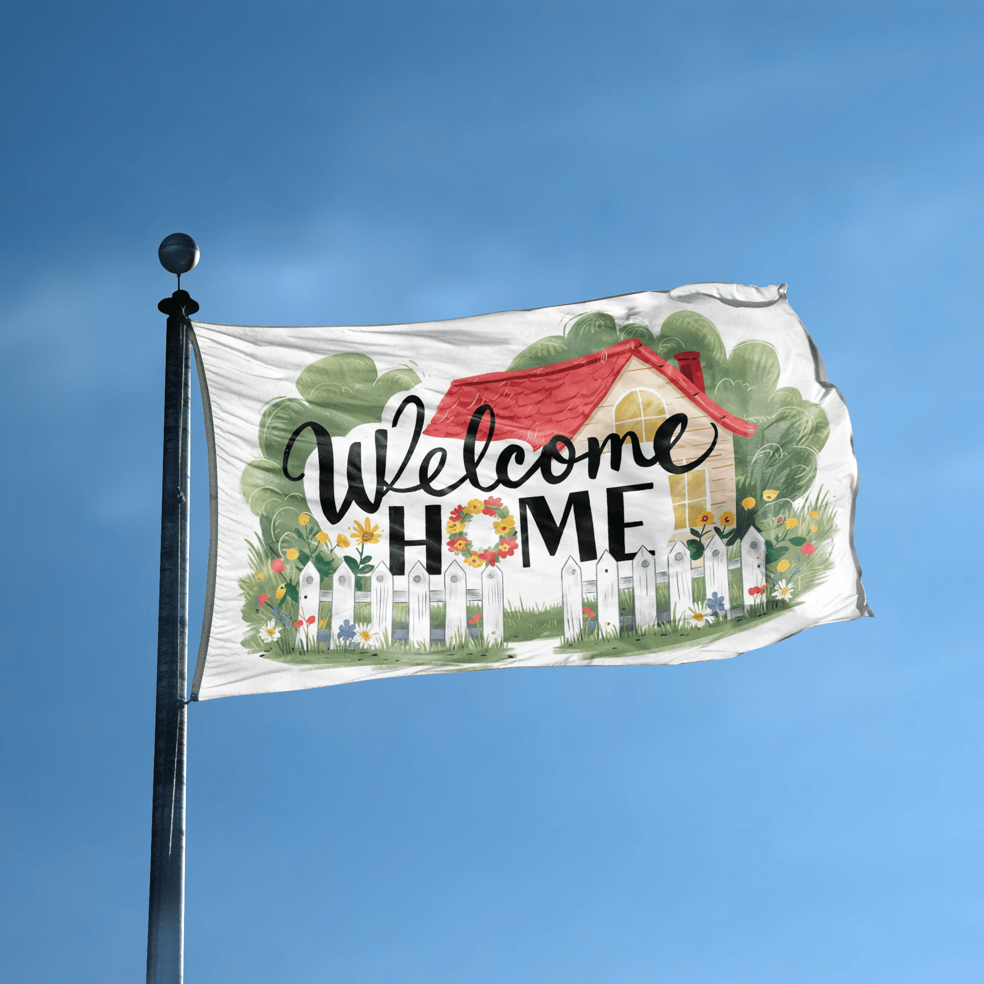 A flag with the saying "Welcome Home House" displayed on a high pole, with a special occasion color scheme.