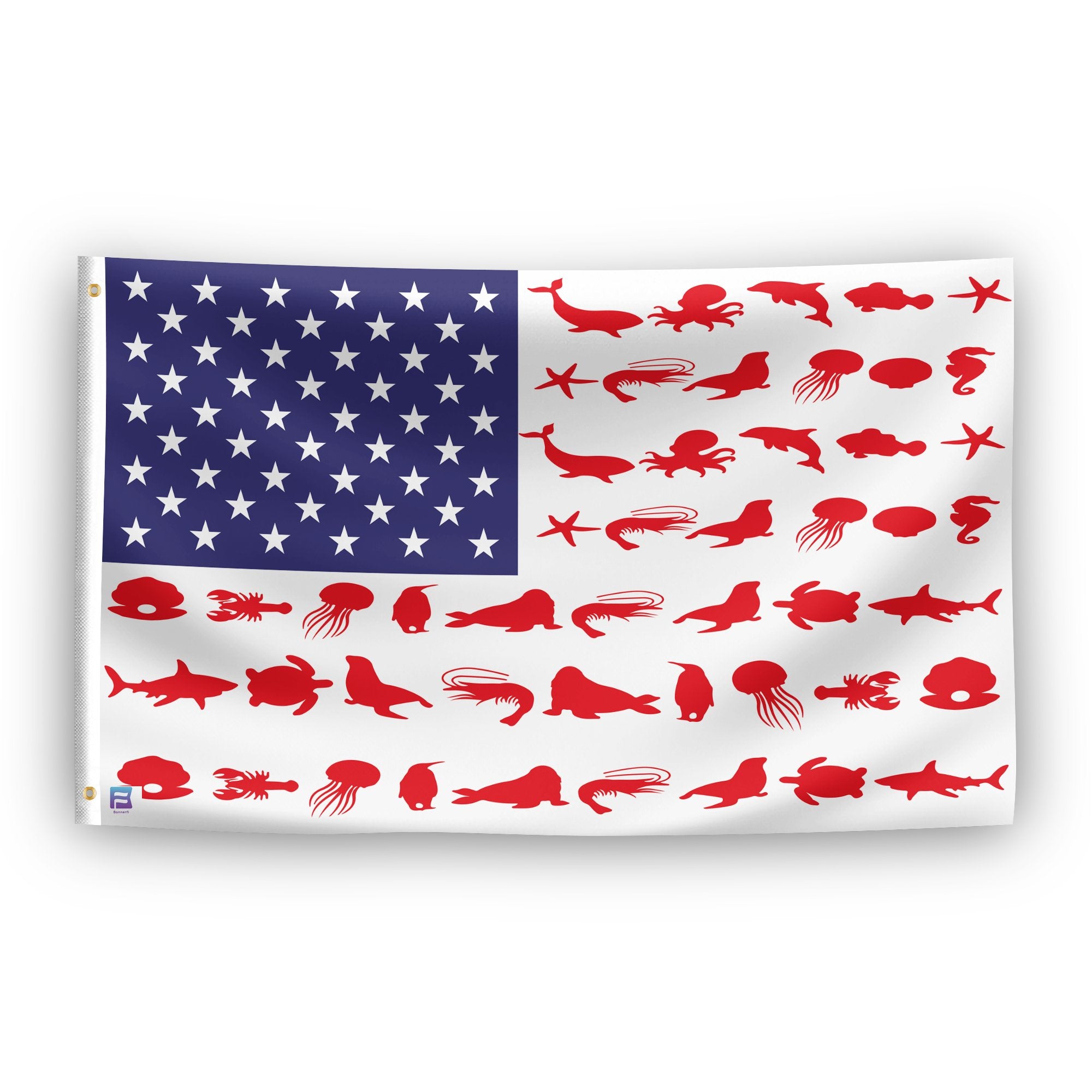 An american flag with the red stripes changed to match the theme "Marine Animals Stripes American".