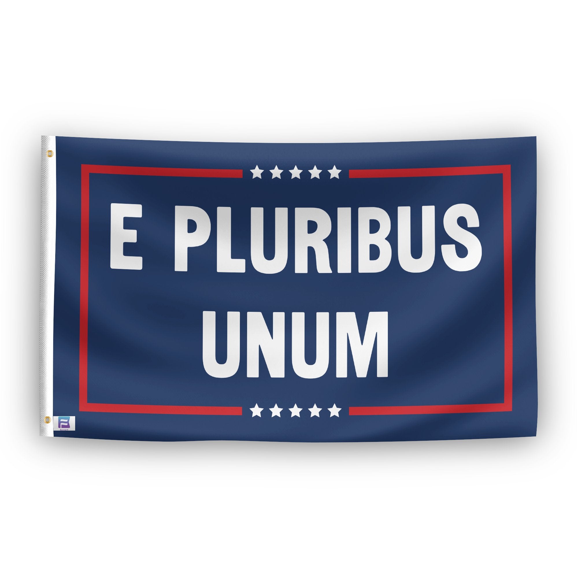 A political flag with the saying "E Pluribus Unum Political", with a red, white, and blue color scheme.