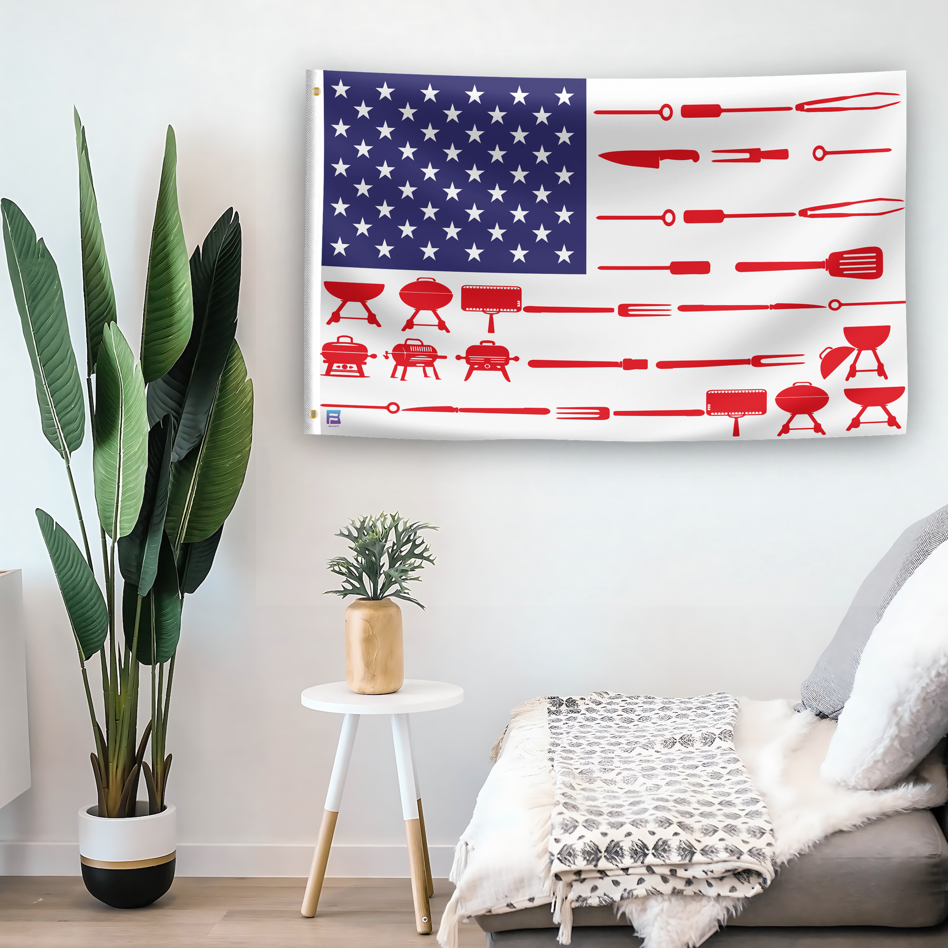 In a home setting, an american flag with the theme "BBQ Stripes American" is mounted on a white wall by a side table.