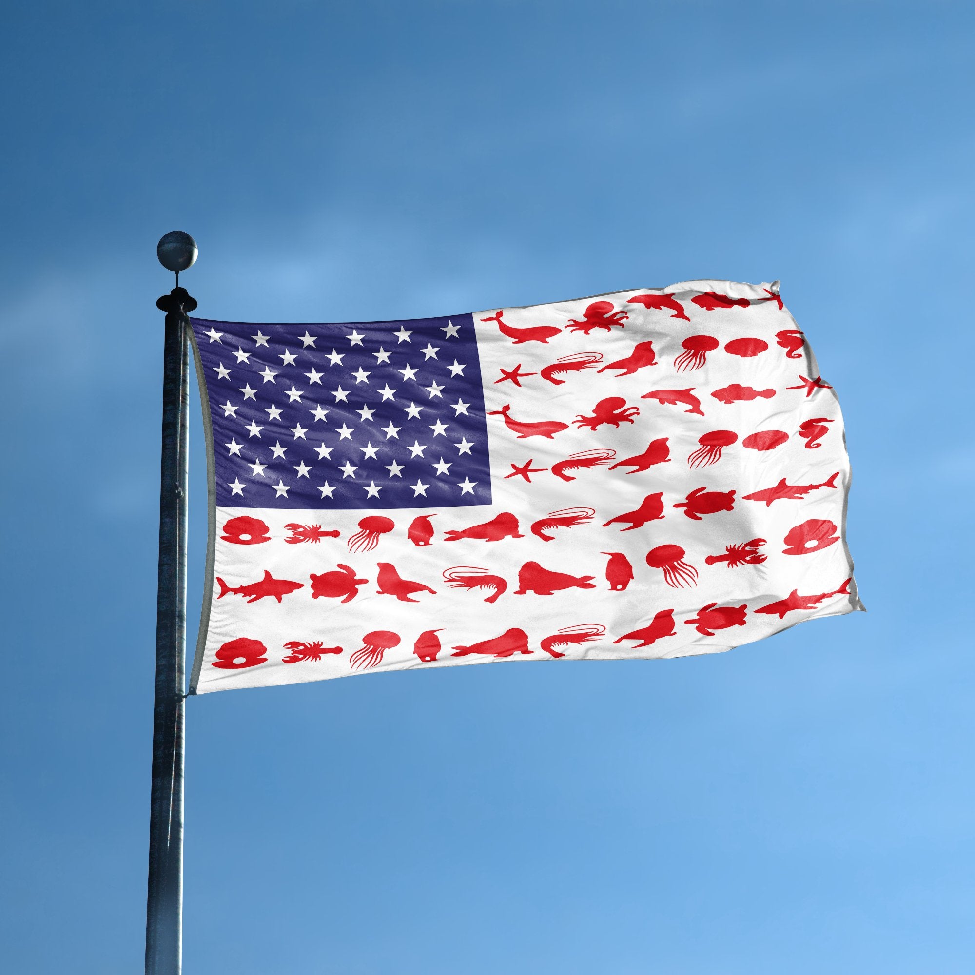 An american flag with the red stripes changed to match the theme "Marine Animals Stripes American" displayed on a high pole.