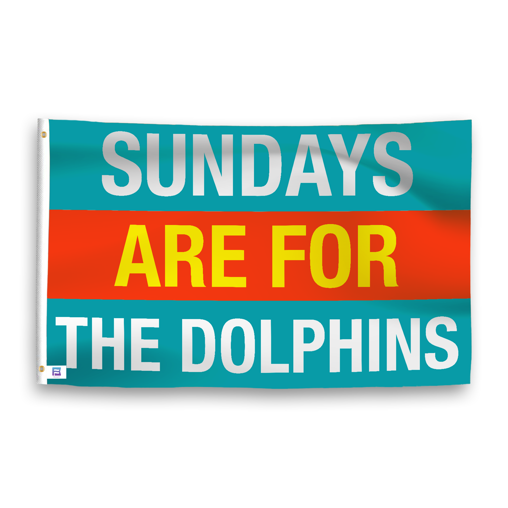 A flag with the saying "https://www.dropbox.com/scl/fi/ytb23qohz77zaw0fem8er/sundays-are-for-the-dolphins_ripple.png?rlkey=jo0u7zyqrmtv7e8sq57lnxpoi&raw=1", with the sports team color scheme.