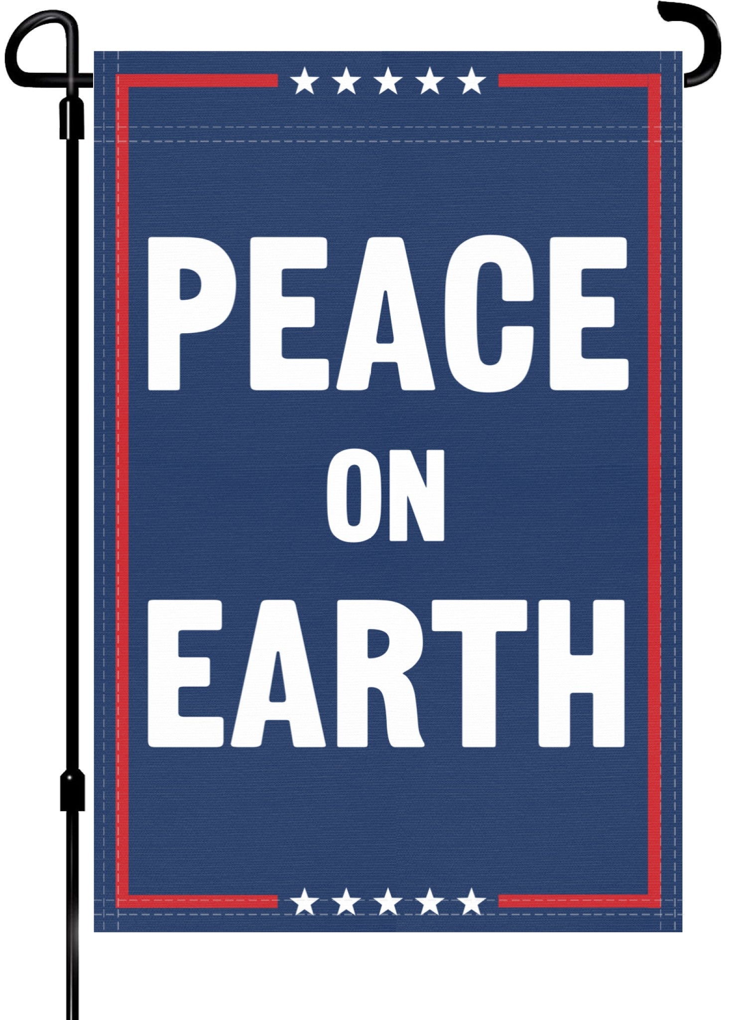 A red, white and blue political garden flag on a pole with the slogan Peace On Earth. 