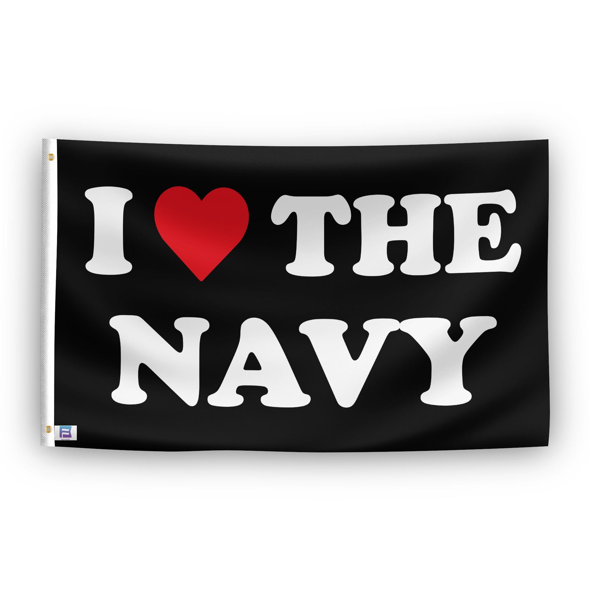 A flag with the saying "I Love The Navy", with a black, white and red color scheme.