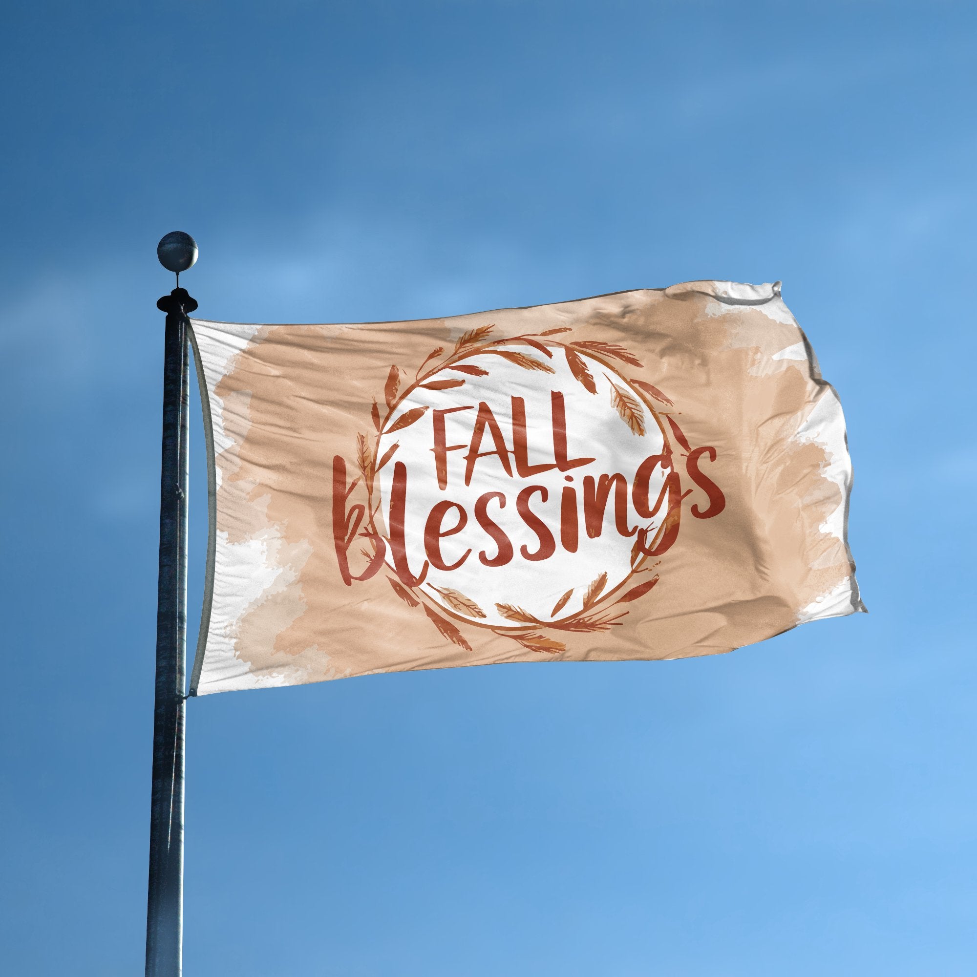 A flag with the saying "Fall Blessings" displayed on a high pole, with a special occasion color scheme.